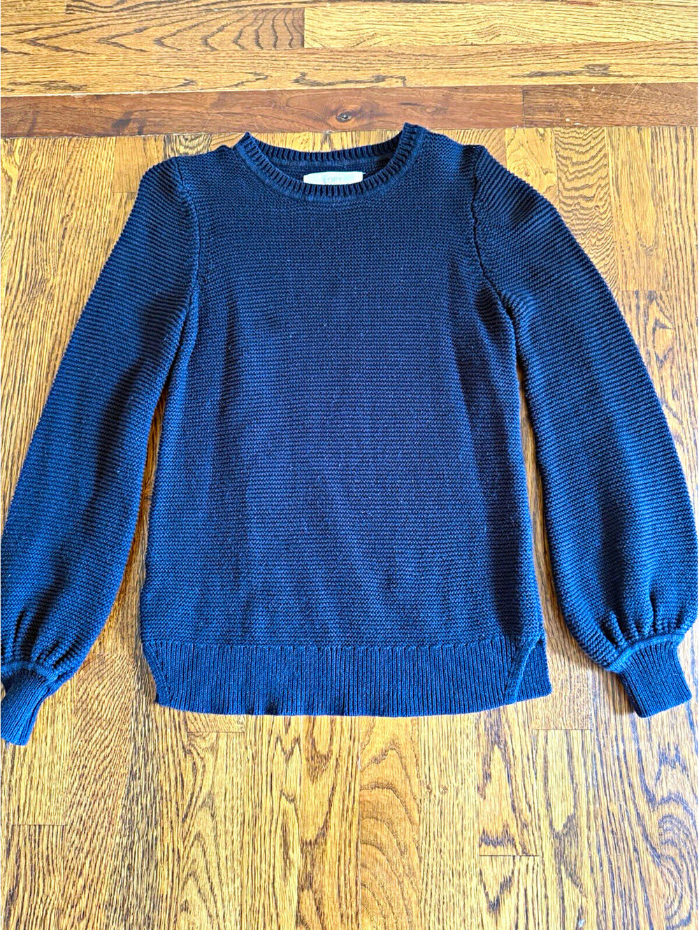 LOFT Black Solid Knit Cotton Puff Sleeve Crewneck Pullover Sweater Women’s S